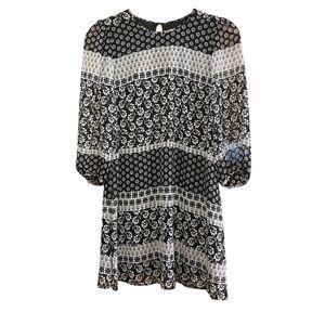 Calvin Klein Black & White Balloon‎ Sleeves Lagenlook Sheer Floral Spring Dress